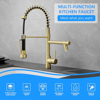 Gold Kitchen Faucet with Sprayer AIMADI,Modern Single Handle Spring Gold Kitchen Sink Faucet - color: Brushed Gold, style: with LED Sprayer