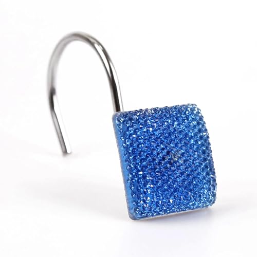 Crystal Blue Shower Curtain Hooks : Bling Glitter Sparkle Shiny Square Diamond Decorative Shower Curtain Hooks for Christmas & Holidays - Luxury Fancy Glam Curtain Hooks & Hangers - Set of 12 | Glam Sparkly Crystal Diamond Shower Hooks, Cute Square Rhines