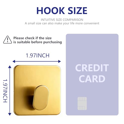 Gold Adhesive Wall Hooks 15LB Max Heavy Duty Sticky Hook Rustproof | 2" Stainless Hanger for Hanging Coat Towel Robe Hat for Bathroom Kitchen Shower RV Glass Wall, No Drilling Brushed Gold 4Pack - color: Sq- Brushed Gold