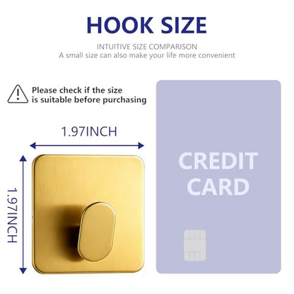 Gold Adhesive Wall Hooks 15LB Max Heavy Duty Sticky Hook Rustproof | 2" Stainless Hanger for Hanging Coat Towel Robe Hat for Bathroom Kitchen Shower RV Glass Wall, No Drilling Brushed Gold 4Pack - color: Sq- Brushed Gold