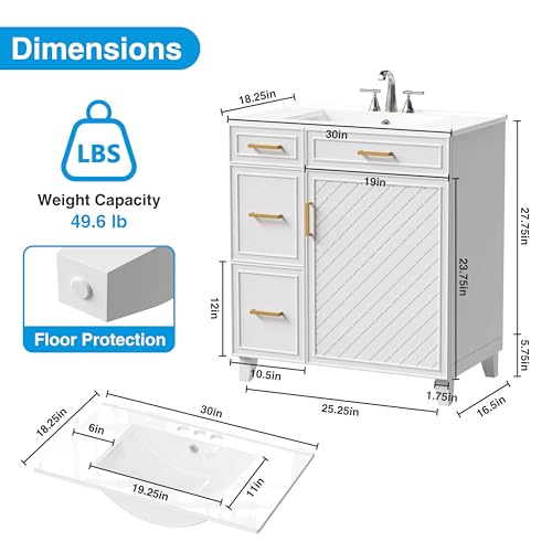 30" Bathroom Vanity with Sink, Solid Wood Frame Modern with Charging Station, Bathroom Single Sink Cabinet with 2 Drawers and 1 Doors, Gold Metal Handles, White - color: White, size: 30 inch