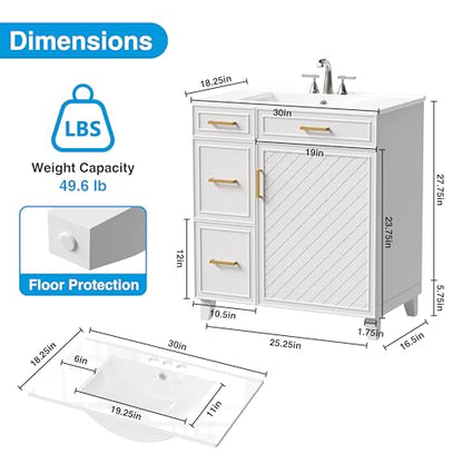 30" Bathroom Vanity with Sink, Solid Wood Frame Modern with Charging Station, Bathroom Single Sink Cabinet with 2 Drawers and 1 Doors, Gold Metal Handles, White - color: White, size: 30 inch