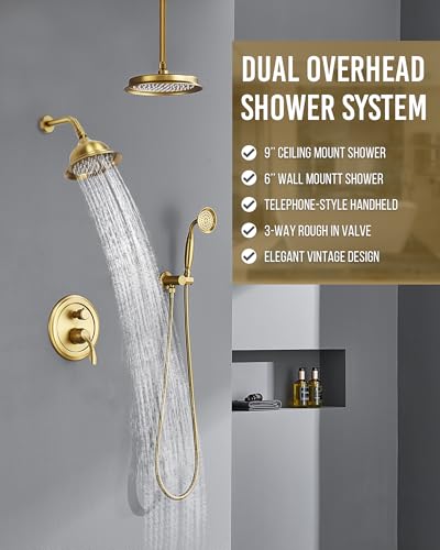 DASAN Antique Dual Shower Head Faucet Set, Brushed Gold Dual Rain Shower Head System Complete Double Head Shower Fixture Combo, 9'' & 6'' Dual Rainfall Overhead Shower with Handheld, Valve & Trim - color: Brushed Gold