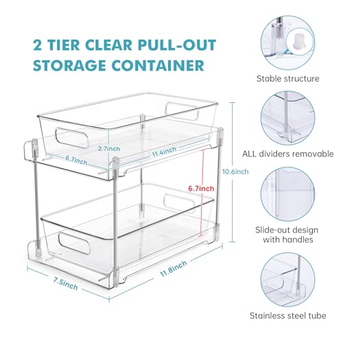2 Pack Clear Bathroom Organizers and Storage, 2 Tier Pull Out Under Sink Cabinet Organizer Plastic Drawer Organization and Storage for Bathroom and Kitchen - size: 2 PACK