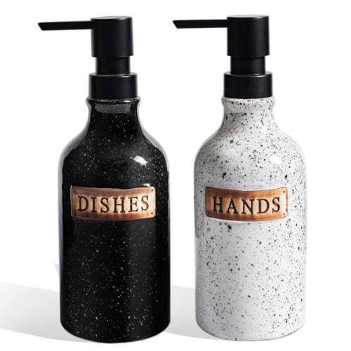 Hand and Dish Dispenser for Kitchen Sink, Ceramic Soap Dispenser Bathroom Countertop, 18 OZ Vintage Handwash Liquid Pump Dispenser for Bathroom Farmhouse Vintage Kitchen Decor - size: 18 OZ