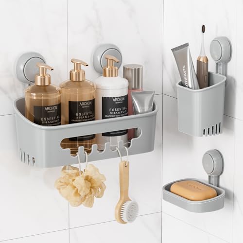 Shower Caddy Suction Cup Set Shower Organizer & Soap Holder, Grey | Toothbrush Holder, Bathroom Shelf Basket NO-Drilling, Removable Suction Storage, Waterproof Bathroom Caddy - color: 3 X Gray