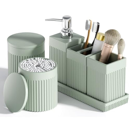 Bathroom Accessories Set, 6-Piece Resin Green Bathroom Set with Toothbrush Holders, Soap Dispenser, Vanity Tray, Tumbler, Cotton Swab Jars, Modern Bathroom Organizer for Small Spaces - color: Green