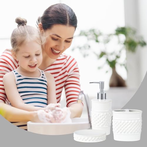 3-Piece White Ceramic Bathroom Accessories Set - Luxurious Soap Dispenser, Toothbrush Holder & Soap Dish with Modern Geo Embossed Design for Bathroom Accessory Set - color: White 024