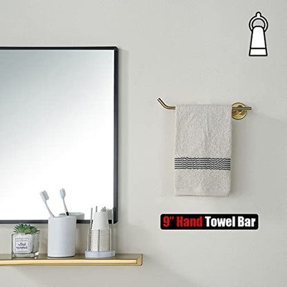 JQK Brass Gold Hand Towel Bar, Stainless Steel Towel Ring for Bathroom, 9 Inch Necklace Holder Brushed Golden Wall Mount Left Hand, TR101-BG - color: Gold, size: 9 Inch (Left)