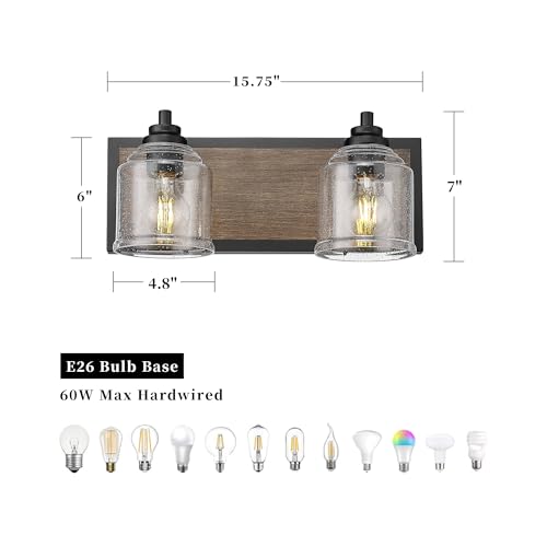 16" 2-Light Farmhouse Bathroom Vanity Light with Bubble Glass, Brown | Farmhouse Rustic style, Metal base with hand-painted wood grain, E26 Ceramic Base(no bulb), UL&ETL, mount up/down,over mirror - color: Brown, size: 2-Light