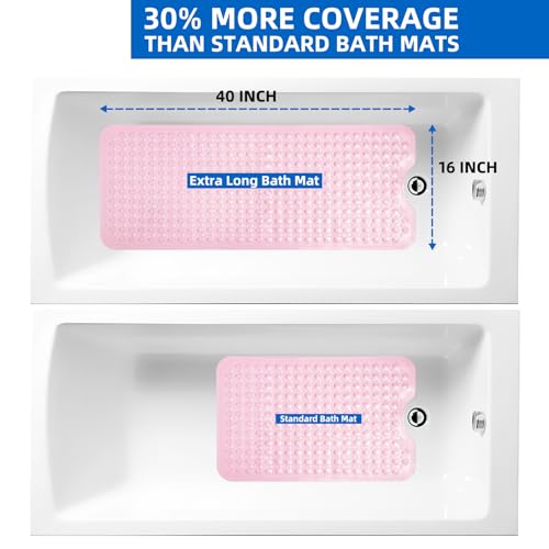 MOONFLY Shower and Bathtub Mat,40x16 Inches,Extra Long Non Slip Mats with Suction Cups and Drain Holes, Machine Washable and Anti Slip Bathmats, Bathroom Mats for Tub Nonslip (Clear Pink) - color: Clear Pink