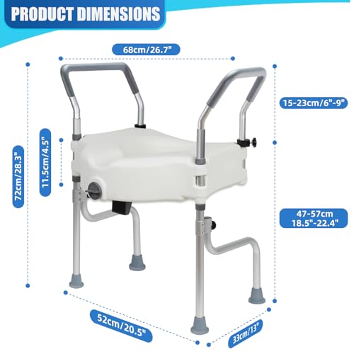 4.5" Raised Toilet Seat with Arms and Legs, 26.7" Wide, Adjustable Height, 4-Leg Raised Toilet Seat with Handles for Elderly, Elevated Toilet Seats for Seniors for Standard or Elongated Commode