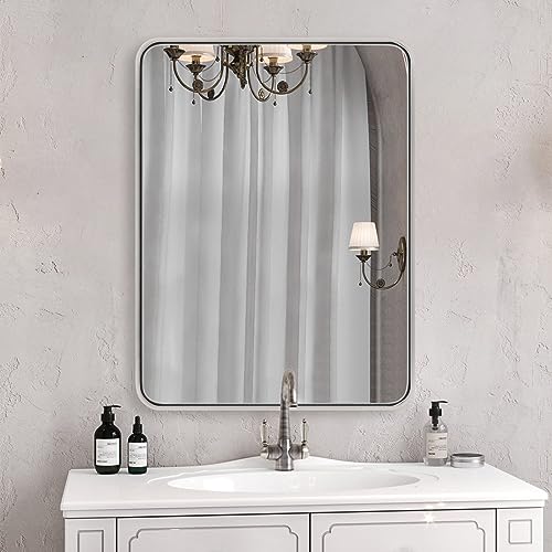 ANDY STAR 24x32 INCH Chrome Mirrors for Bathroom, Polished Nickel Bathroom Mirror, Rounded Rectangle Mirror, Anti-Rust SUS304, Tube Metal Frame, 1’’ Deep Wall Mounted Vertically/Horizontal - color: Polished Chrome, size: 32"L x 24"W