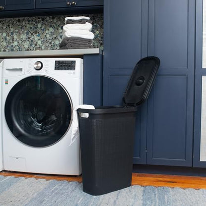 Mind Reader Slim Laundry Hamper with Lid, 40L Clothes Basket, Linen Design, Plastic, Black - color: Black