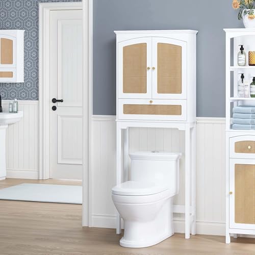 Spirich Over the Toilet Storage Cabinet with Arched Rattan Doors, White | Tilt-Out Storage Cube, Adjustable Shelf, 33-Inch Clearance, Anti-Tip Bracket, Freestanding Bathroom Organizer for Toiletries - style: Arched