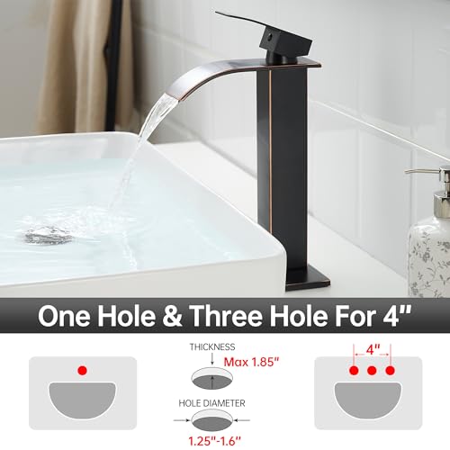 Tall Vessel Sink Faucet Oil Rubbed Bronze Faucet for Bathroom Sink Tall Waterfall Bathroom Faucet Single Handle 1 or 3 Hole Wash with Pop-up Drain - color: Oil Rubbed Bronze
