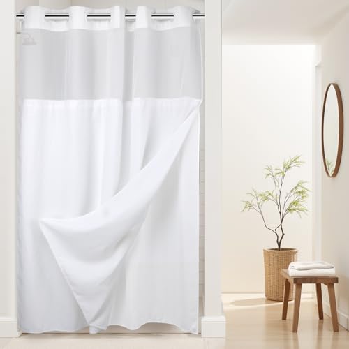 River Dream Heavyweight No Hooks Required Dotted Waffle Weave Shower Curtain with Snap in Liner - 60W x 74L, Hotel Grade, Spa Like Bath Curtain, White | Dotted Waffle,Snap-in Liner,Heavy Duty,Quick Dry,Mesh Top Window,With Bottom Magnets,Hotel-Grade,Washa
