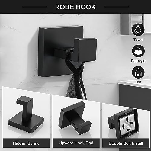TQKAG 6-Piece Towel Bar Set, 23.6 Inch Bathroom Hardware Set, Matte Black | Stainless Steel, Wall Mounted, Black Bathroom Accessories Include Toilet Paper Holder Wall, Towel Bar, Towel Ring, Coat Hook - color: Matte Black, size: 6-Pieces Set-A
