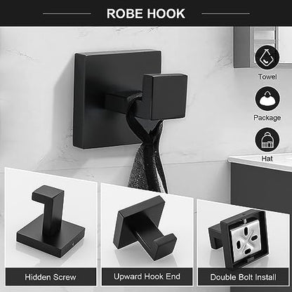 TQKAG 6-Piece Towel Bar Set, 23.6 Inch Bathroom Hardware Set, Matte Black | Stainless Steel, Wall Mounted, Black Bathroom Accessories Include Toilet Paper Holder Wall, Towel Bar, Towel Ring, Coat Hook - color: Matte Black, size: 6-Pieces Set-A