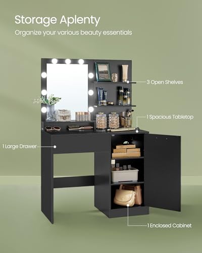 VASAGLE Kailyn Collection - Vanity Desk with Power Outlets and LED Lights, 35.4-Inch Wide Makeup Table with Mirror, Drawer and Cabinet, for Bedroom, Ink Black URDT128C01S - style: 35.4"W 1 Drawer 1 Cabinet Vanity Desk - Ink Black