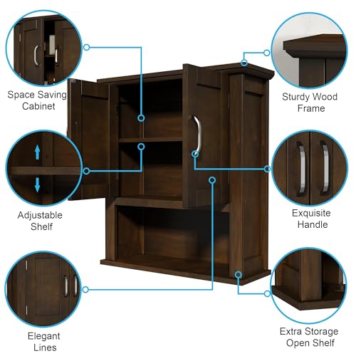 ChooChoo Wood Bathroom Wall Cabinet with Doors, Walnut Medicine Cabinet | Rustic Over The Toilet Storage Cabinet, Adjustable Shelf, Open & Concealed Storage, 7.5 x 21.6 x 24 Inches - color: Walnut