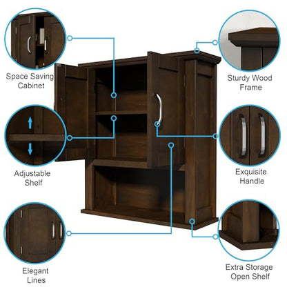 ChooChoo Wood Bathroom Wall Cabinet with Doors, Walnut Medicine Cabinet | Rustic Over The Toilet Storage Cabinet, Adjustable Shelf, Open & Concealed Storage, 7.5 x 21.6 x 24 Inches - color: Walnut