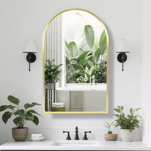 Movo Arched Gold Medicine Cabinet with Mirror 20 x31 Inch | Metal Framed Bathroom Mirror Medicine Cabinet Wall Mounted,Recessed Medicine Cabinets for Bathroom with 2 Removable Shelves - size: 20"W x 31"H x 5"D-Gold