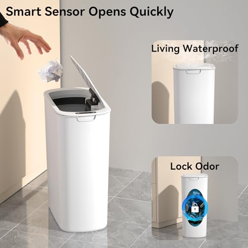 5 Gallon Motion Sensor Bathroom Trash Can Automatic Garbage Cans with Lid Touchless Smart Slim Plastic Trash Bin for Kitchen, Bedroom, Toilet, Office, Living Room - color: White