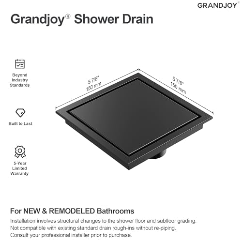 6 Inch Square Shower Floor Drain, Matte Black SUS304 Stainless Steel Grid Grate with X-Shaped High Flow Channel, Anti-Clogging Hair Strainer, Standard 2" Outlet | Reversible flat & tile-in cover, anti-odor auto-seal core, burr-free smooth edges for barefo