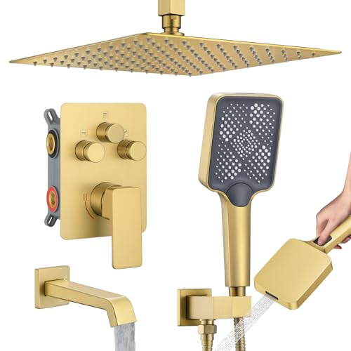 Bathtub Shower Faucet Set with Pressure Balance Valve, 12" Ceiling Mount Shower System with Tub Spout Multi-function Handheld Head Push Button Diverter Shower Trim Kit, Brushed Gold - color: Brushed Gold, style: 12"-Square-Tub-01