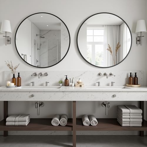 Antok 24 Inch 2PCS Round Mirror for Wall, Round Bathroom Mirror, Circle Wall Mirrors with Black Metal Frame, Circle Mirrors Suitable for Wall, Bathroom, Vanity, Living Room, Entryway - color: Black, size: 24"L x 24"W 2PCS