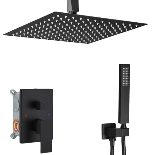 Matte Black Shower System Bathroom 12 Inch Rain Shower Head Ceiling Mount with Handheld Luxury High Pressure Shower Combo Set Shower Faucet Rough-in Valve Body and Trim Kit - color: Matte Black, size: 12 Inch