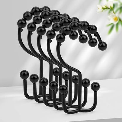 Resze 12 Pcs Shower Curtain Hooks, Metal Double Shower Curtain Rings,Black | Glide Roller Shower Hooks, Rust-Resistant Anti-Drop Shower Rings, Smooth Sliding Hooks for Bathroom Shower Rods Curtains - color: Black