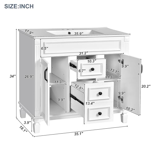 Merax 36" Bathroom Vanity with Sink, 2 Doors & 2 Drawers Storage Cabinet | Freestanding Single Bathroom Sink Vanity Cabinet Set with 36" Ceramic Sink (Sink Cabinet Only, White) - color: White, style: Sink Cabinet Only