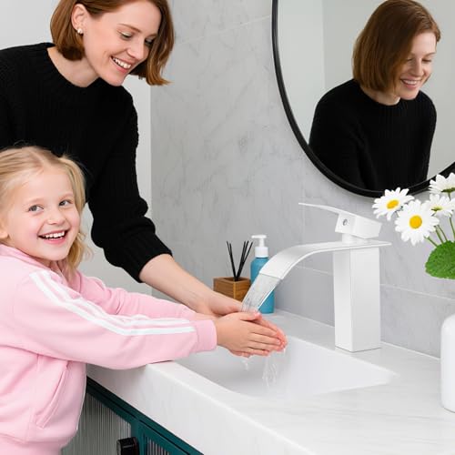 Bathroom Faucets White Waterfall Single Handle Bathroom Sink Faucet | with Pop-up Drain & Deck,Supply Hoses,Single Handle Vanity Faucet,Stainless Steel,1 or 3 Hole,RV,Farmhouse Bathrooms - color: A-White, style: Short