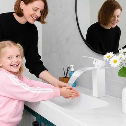 Bathroom Faucets White Waterfall Single Handle Bathroom Sink Faucet | with Pop-up Drain & Deck,Supply Hoses,Single Handle Vanity Faucet,Stainless Steel,1 or 3 Hole,RV,Farmhouse Bathrooms - color: A-White, style: Short