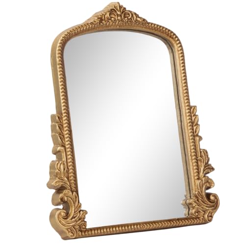Arch Small Vintage Desk Mirror, Antique Gold Vanity Table Mirror | Resin Carved Frame Vanity Tabletop Decor Mirrors 11.8"L x 9.6"W, Adjustable Standing or Hang Dress-up Mirrors for Living Room - color: Antique Gold-carved
