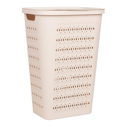 Mind Reader Slim Tapered Laundry Hamper with Lid, Clothes Basket with Swiss Cross Cut-Outs, Lightweight & Ventilated, Plastic, 16.75"L x 12.75"W x 23"H, Ivory - color: Ivory