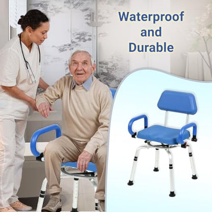 Mobi-Bench Swivel Shower Chair with Padded Seat, Back & Arms - 360° Rotating Bath Chair, Adjustable Height, Heavy Duty Bariatric - 300lb Capacity