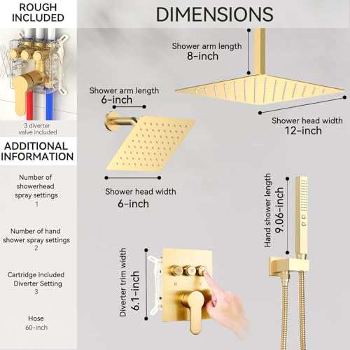 Brushed Gold Shower System, STARBATH Ceiling Mounted 12+6 Inch Rainfall Shower Head with 2 in 1 High Pressure Handhled, Can Use All at Once, Push Button Diverter Thermostatic Valve with Trim Kit - color: Brushed Gold, size: 6+12 inch-06