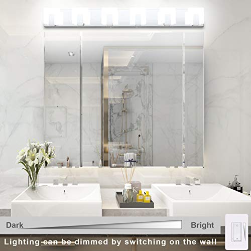 Aipsun 6 Lights Dimmable Modern LED Bathroom Vanity Light Acrylic Stainless Steel Chrome Up and Down Bathroom Wall Light Over Mirror(White Light 6000K) - size: 6 Lights