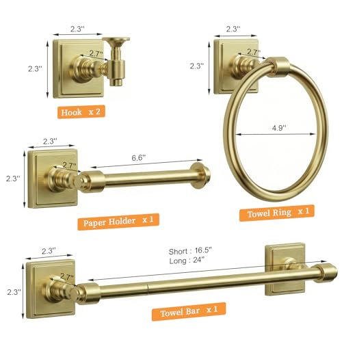 VEHCIL Brushed Gold Bathroom Towel Bar Set, 5 Piece Bathroom Hardware Accessory Set, SUS304 Stainless Steel 24" Towel Rack Holder Set for Bathroom, Wall Mounted - color: Brushed Gold