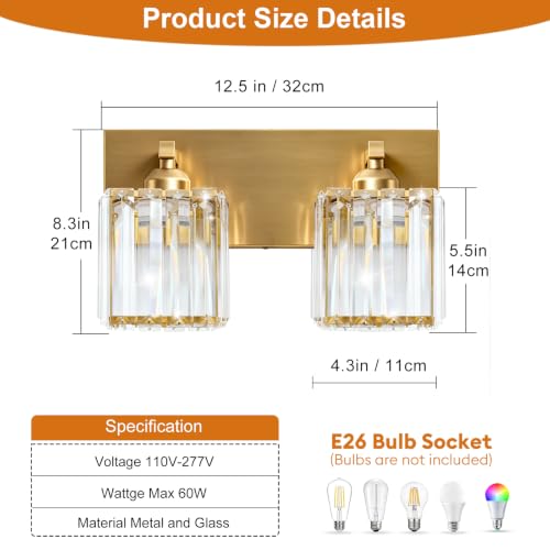Gold Crystal Bathroom Vanity Light, 2-Light Modern Bathroom Lighting Fixtures Over Mirror,Chrome Wall Sconce Light Fixtures with Square Shade - color: Gold-Square Shade, size: 2-LIGHT