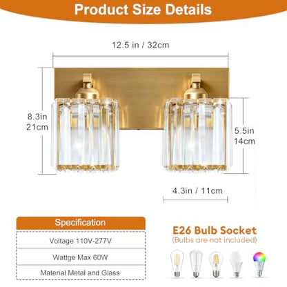 Gold Crystal Bathroom Vanity Light, 2-Light Modern Bathroom Lighting Fixtures Over Mirror,Chrome Wall Sconce Light Fixtures with Square Shade - color: Gold-Square Shade, size: 2-LIGHT