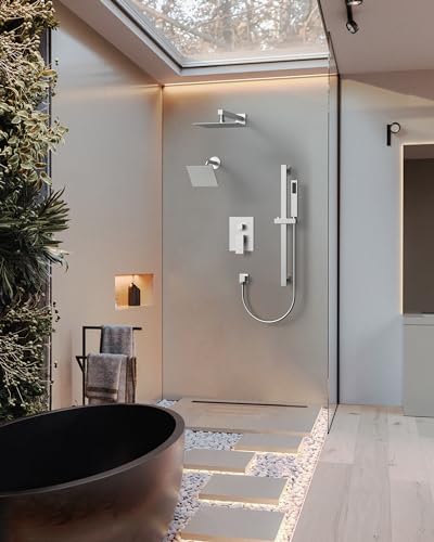 Shower Faucet Set, 10" & 6" Dual Rainfall Shower Heads System for Wall Mount with Slide Bar & Handheld Sprayer, Brushed Nickel - color: Brushed Nickel