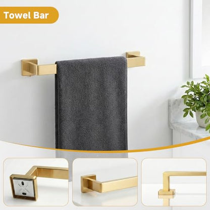 5-Piece Brushed Gold Bathroom Accessory Set, 16 Inch Bathroom Hardware Set, Towel Racks for Bathroom, SUS304 Stainless Steel Wall Mounted Bath Towel Bar Set - color: F-16 Brushed Gold