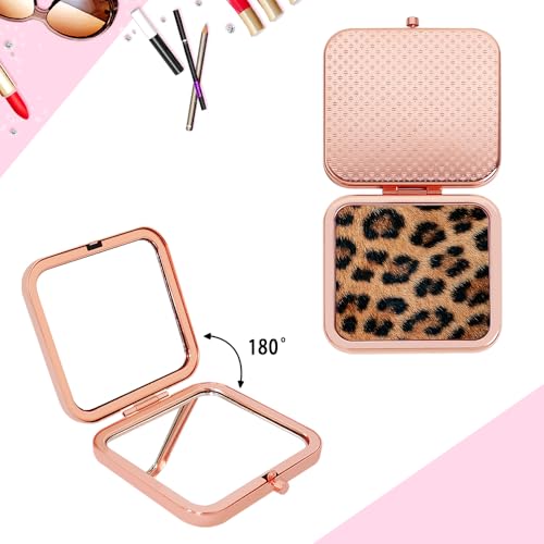Cheetah Leopard Brown Print Foldable Travel Pocket Mirror Square Metal Portable Mini Makeup Double Sided Handheld Magnifying, 2.8 in - color: Leopard Brown Print