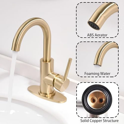 Gold Bathroom Faucets with Pop-Up Drain, Modern Single Hole Bathroom Sink Faucet with Deck Plate Single Handle Lavatory Faucets Brushed Gold Bar Vanity Faucet - color: Light Gold