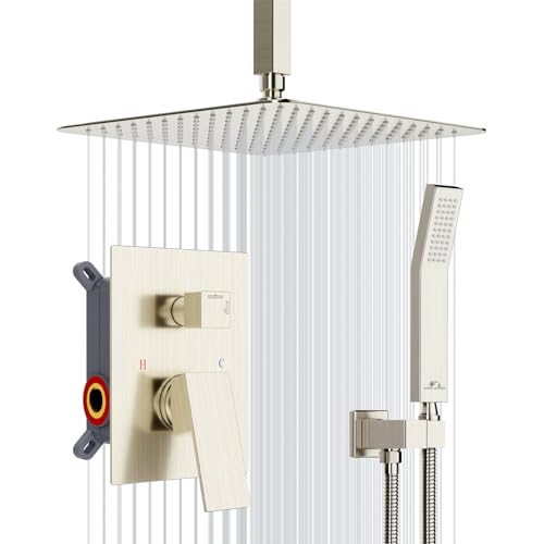 SunCleanse Rainfall Shower System Brushed Nickel Ceiling Mounted Shower System Combo Set with High Pressure 12 Inches Square Rain Shower Head Handheld and Shower Faucet Rough-in Mixer Valve and Trim | Ceiling mounted shower combo set featuring a 12" rainf