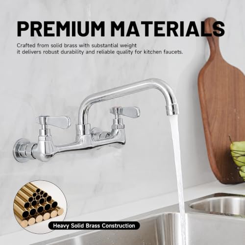 Wall Mount Kitchen Faucet Commercial Sink Faucet with 8 Inch Swivel Spout | Two Handles,8 Inches Center,Gooseneck 360° Rotating Spout,Faucet for Restaurant/Laundry/Utility Sinks,Lead-Free,Chrome Finish - size: 8 Inch